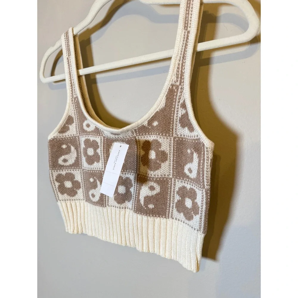 American Eagle • NWT Floral Yin Yang Knit Crop Tank Top Cream Brown Size S - Picture 4 of 10